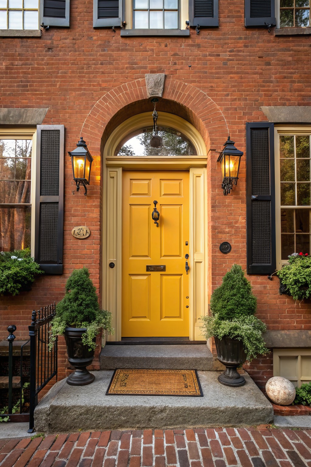 Red brick townhouse facade with arched yellow front door, black shutters on windows, lanterns on either side, potted plants in urns, and stone entry steps.