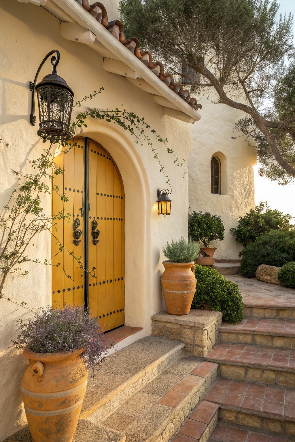 Double yellow arched wooden doors with iron studs and handles on a white stucco house exterior, flanked by wrought-iron lanterns, ivy, potted plants, and stone steps leading to the entry.