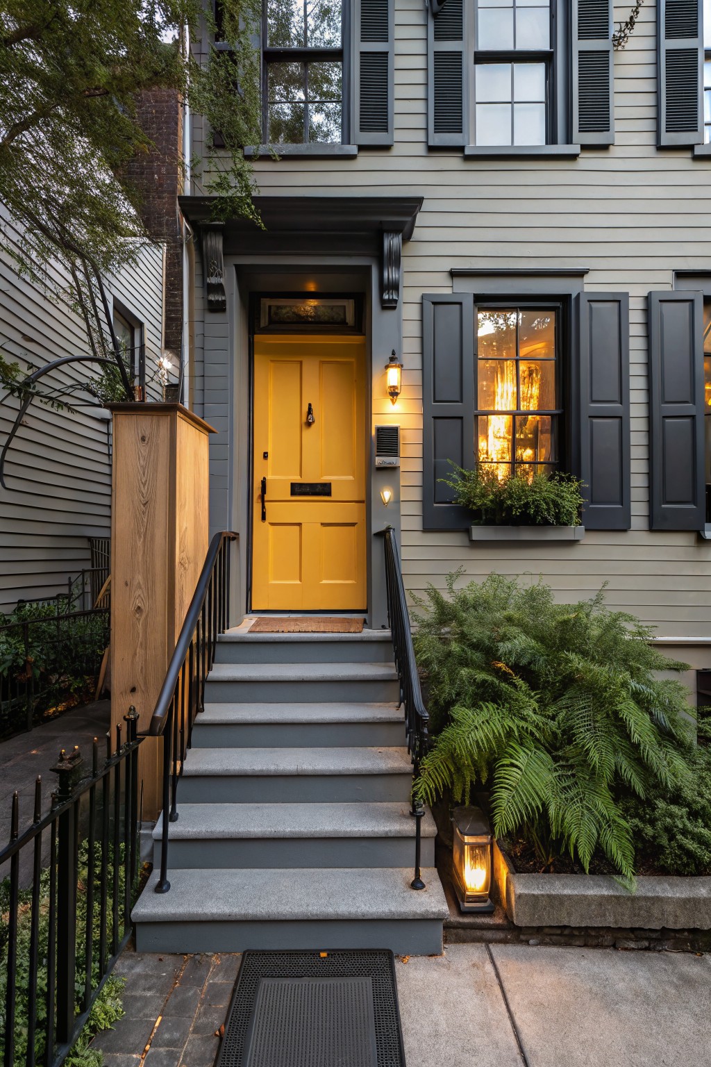 Gray clapboard row house with bright yellow front door, black shutters on windows, stone steps with black railing, wood panel, ferns, and lantern lights.