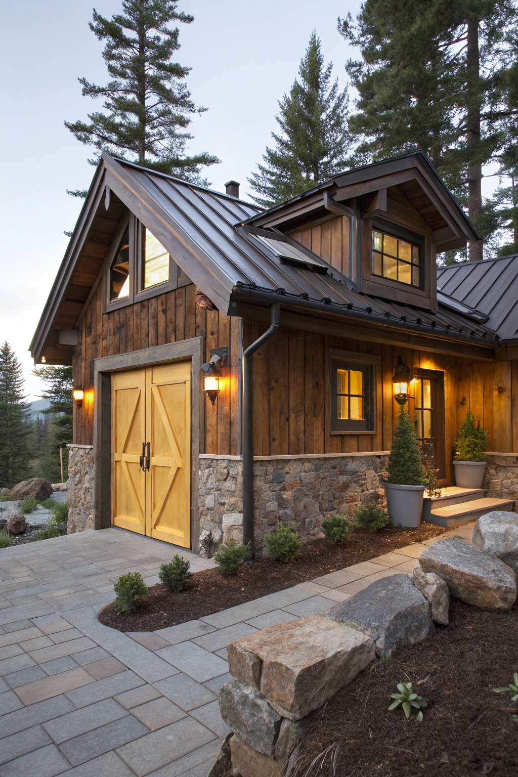 Rustic cabin garage featuring large yellow double doors framed by wood siding and stone walls, with metal roof, lit lanterns, potted plants, and a paved stone pathway in a forested setting.