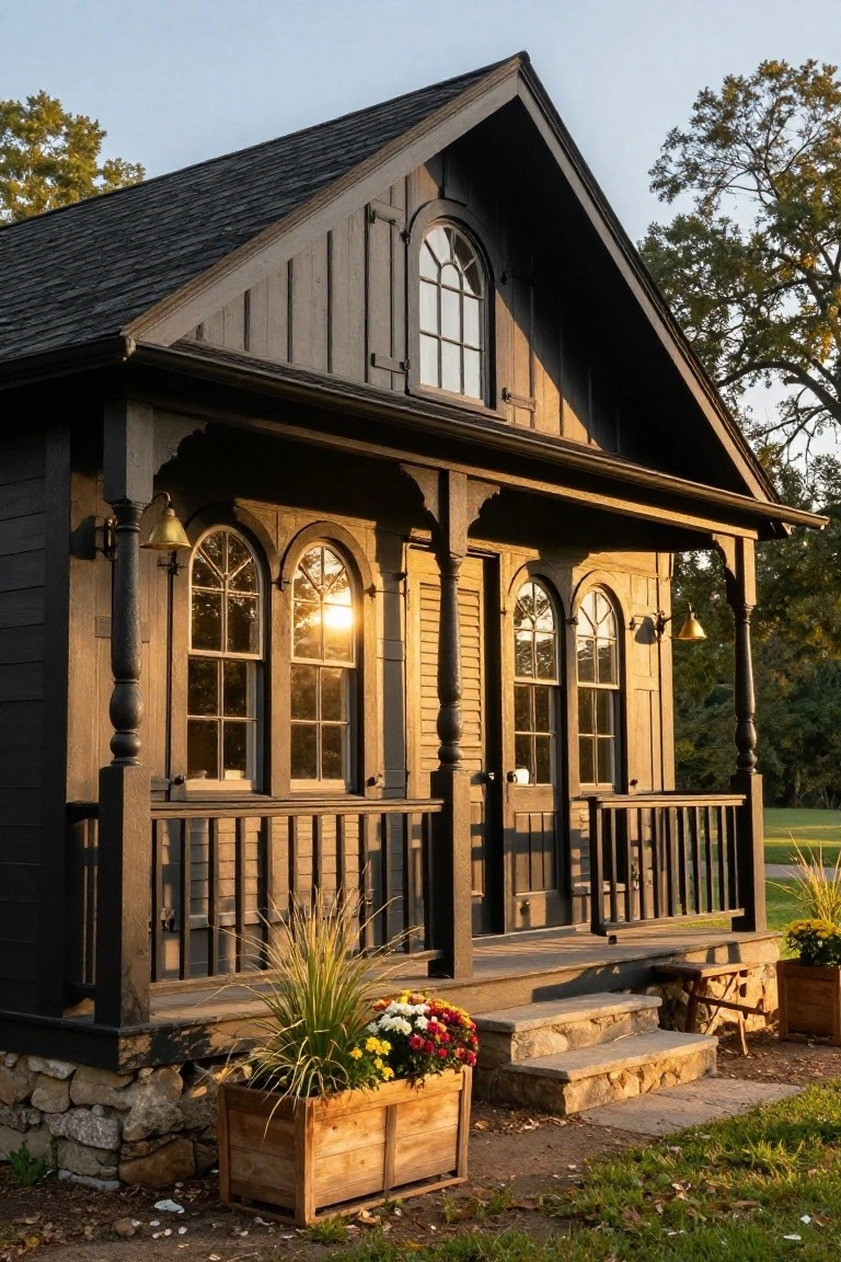 Small gabled black wooden house with arched windows, covered porch supported by posts, stone foundation and steps, wooden planters with flowers and grasses, set in a grassy yard with trees at sunset.