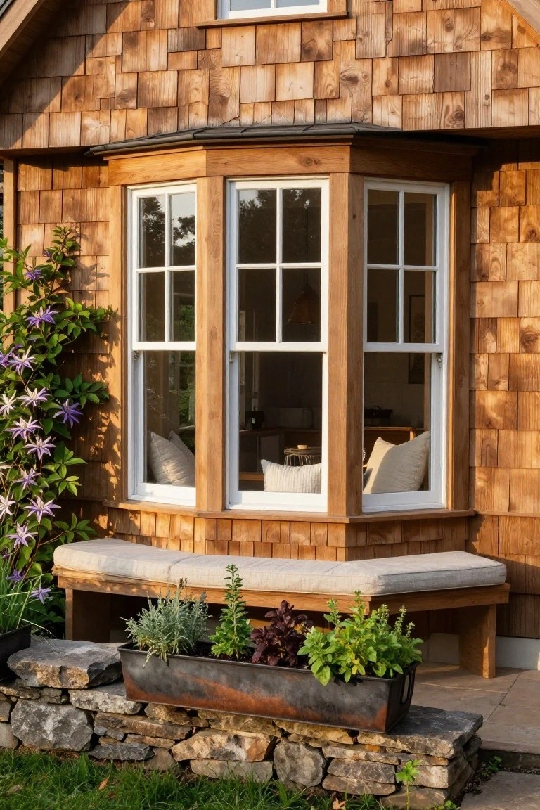 Shingled house exterior with a wooden bay window, white-framed panes, interior cushions visible, outdoor wooden bench below the window seat, climbing purple flowers on one side, potted plants on the bench, and a stone wall base.