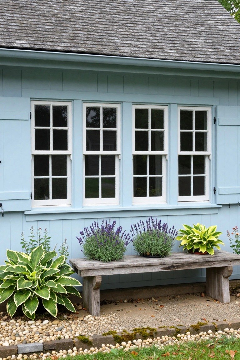 Light blue clapboard shed exterior with three white-framed divided-light windows flanked by blue shutters, rustic wooden bench holding three potted lavender plants, large hosta plants beside it, gravel path with white pebbles in front.