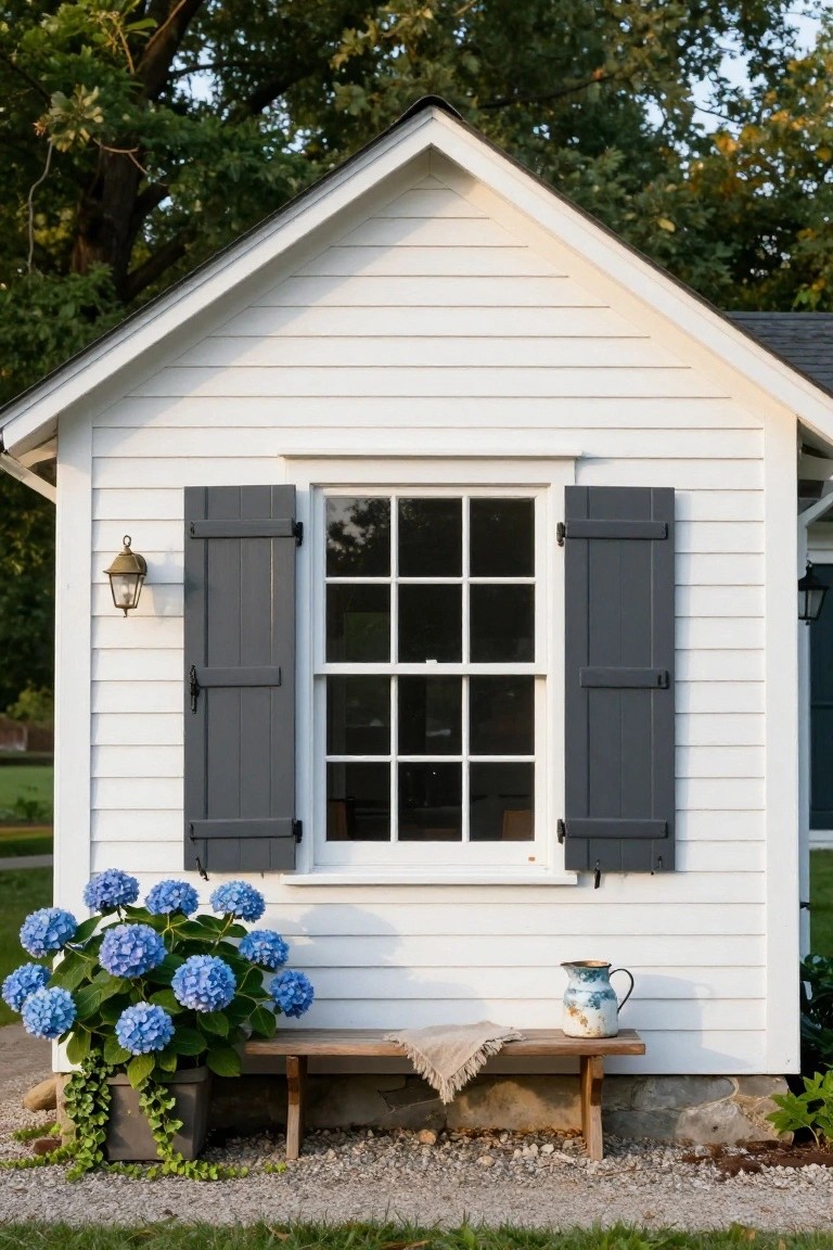 Small white clapboard shed building with black louvered shutters framing a nine-over-nine window, brass lantern light mounted beside it, wooden bench with beige throw on gravel ground, large blue hydrangea plant in dark pot, and blue and white metal jug on bench, surrounded by greenery and trees.