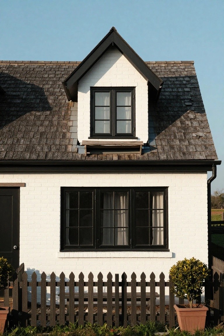 White brick house exterior with black-framed windows, black front door, dark slate roof, picket fence, and potted plants in front.