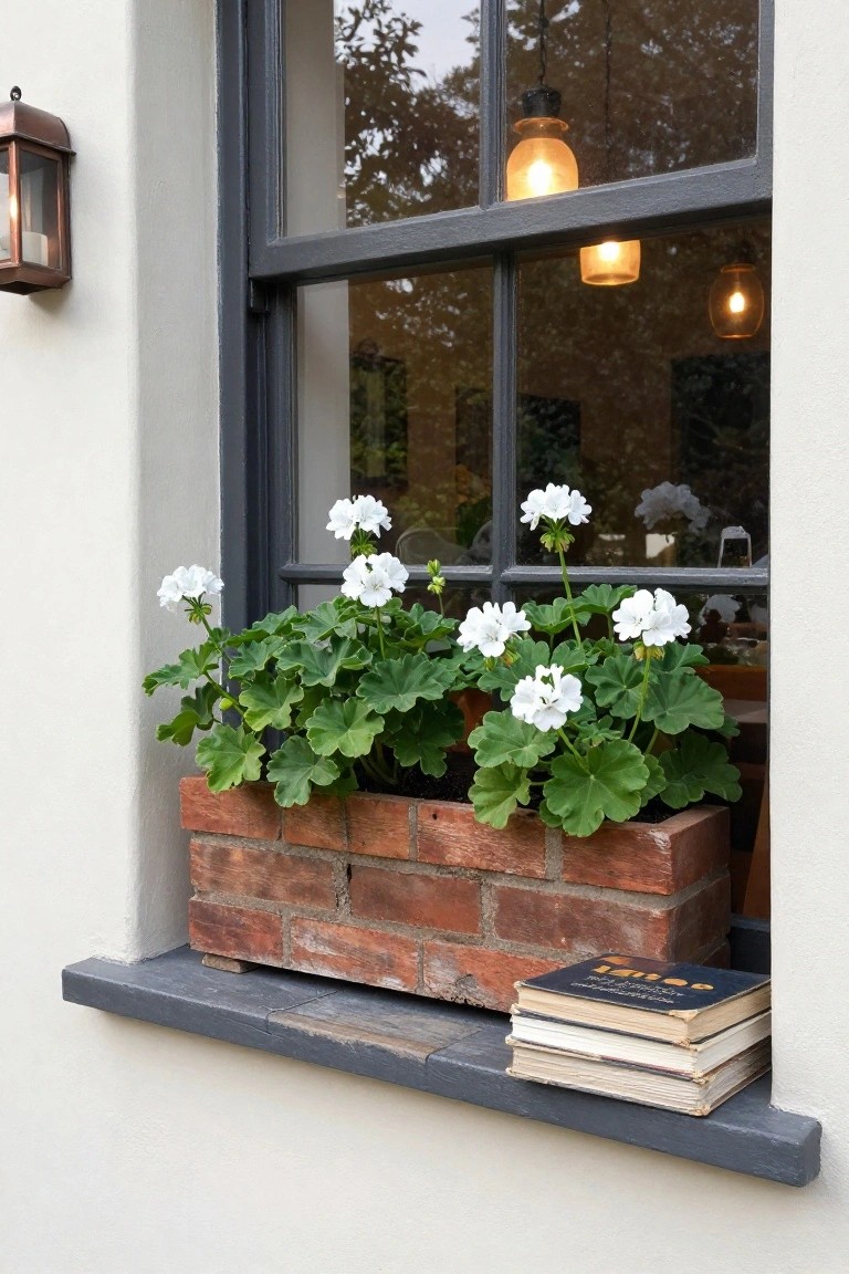 Close-up exterior view of a white wall with black-framed window, brick flower box on slate sill filled with white geraniums and green foliage, copper lantern beside it, and stacked old books on the sill.