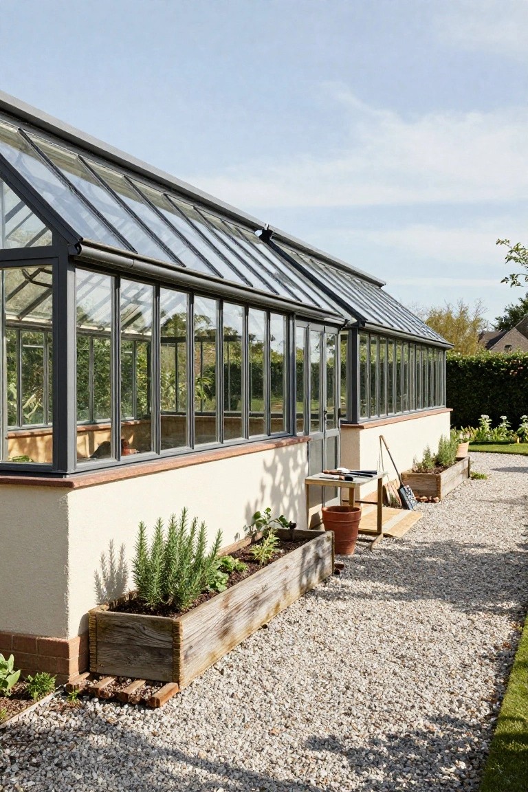 Long horizontal glass greenhouse with black frames attached to the beige stucco side wall of a house, surrounded by wooden planters with herbs, a gravel path, and garden tools nearby.