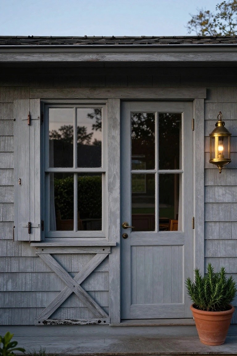 Gray shingled exterior of a small building with a four-over-four window flanked by open wooden shutters next to a paneled door, brass lantern light, and potted rosemary plant on a wooden porch.