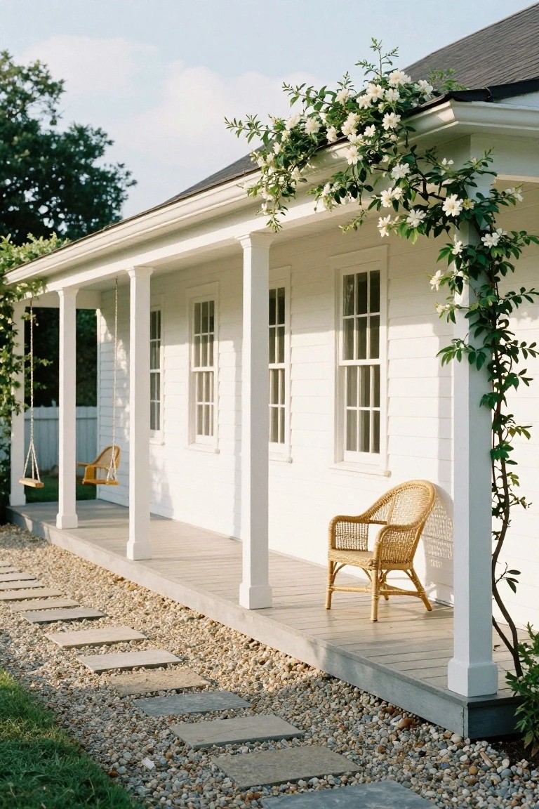 White clapboard farmhouse with covered porch, tall columns, climbing white-flowered vines on the corner, porch swing, rattan chair, and stone paver path with gravel alongside.