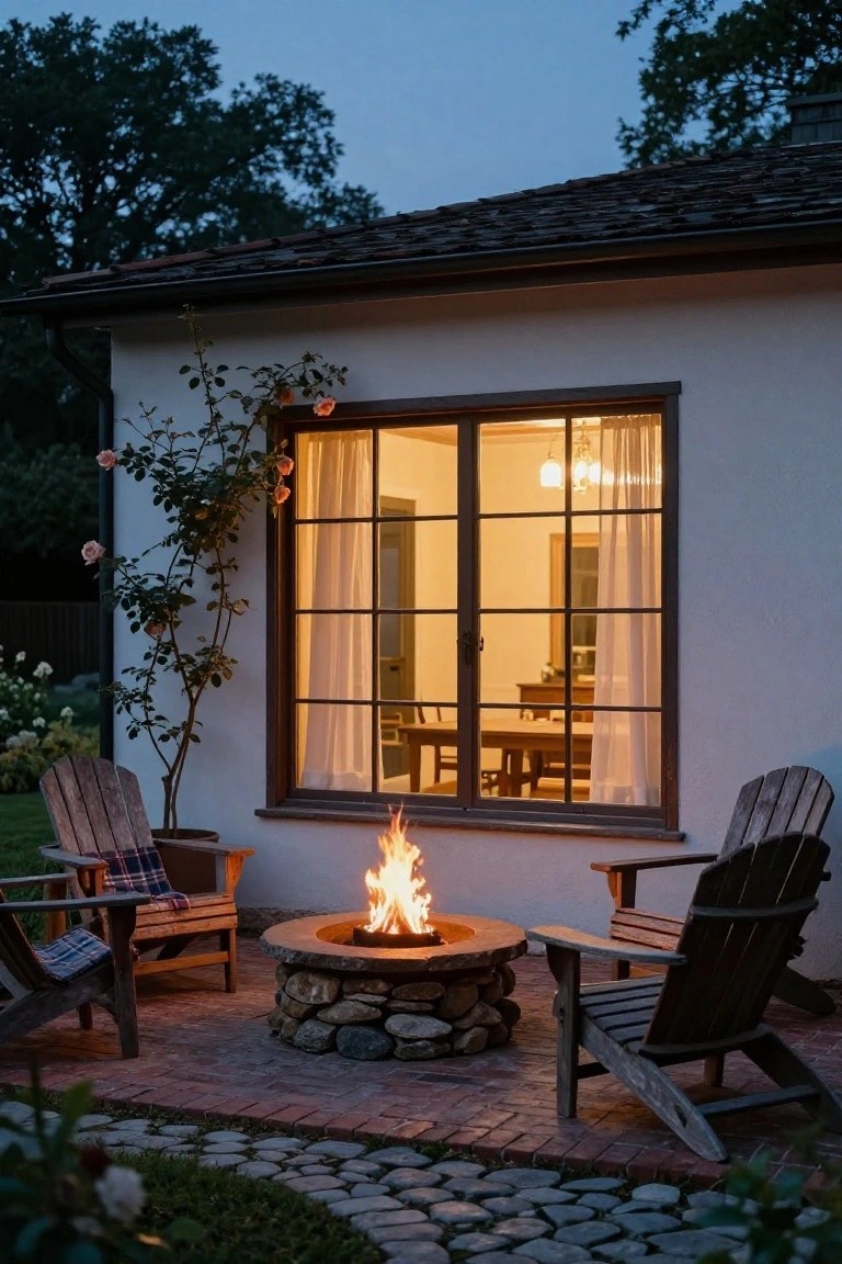 White stucco house exterior with large lit window framed by sheer curtains, climbing rose vine, two Adirondack chairs around circular stone fire pit on brick paver patio at dusk.