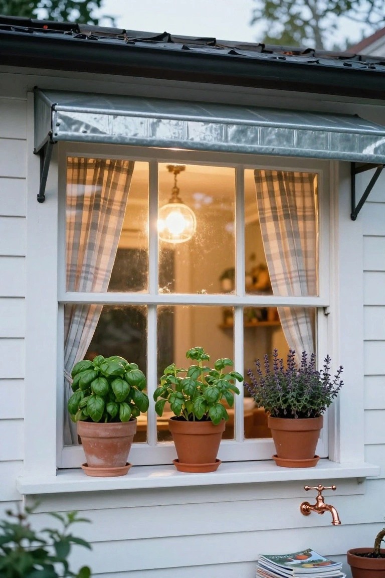 White clapboard house exterior with a multi-pane window featuring plaid curtains inside, three terracotta pots of basil and lavender plants on the sill, a galvanized metal awning above, and a copper faucet mounted on the wall below.