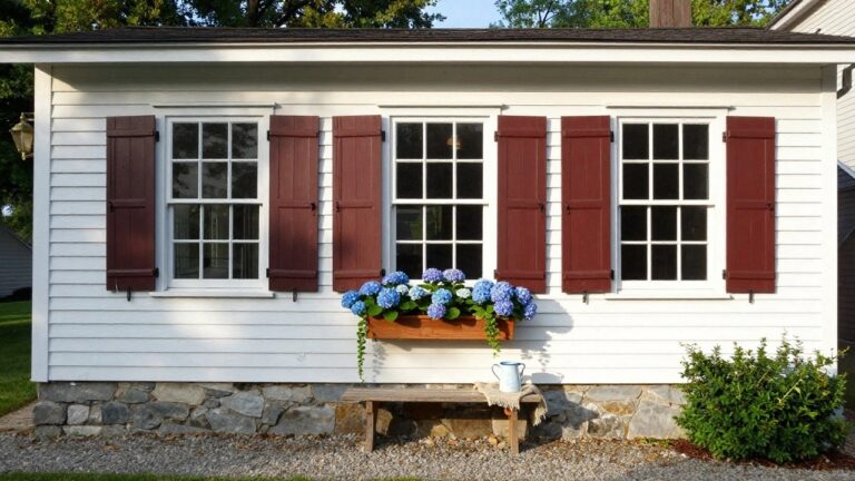 Small white clapboard shed building with black louvered shutters framing a nine-over-nine window, brass lantern light mounted beside it, wooden bench with beige throw on gravel ground, large blue hydrangea plant in dark pot, and blue and white metal jug on bench, surrounded by greenery and trees.