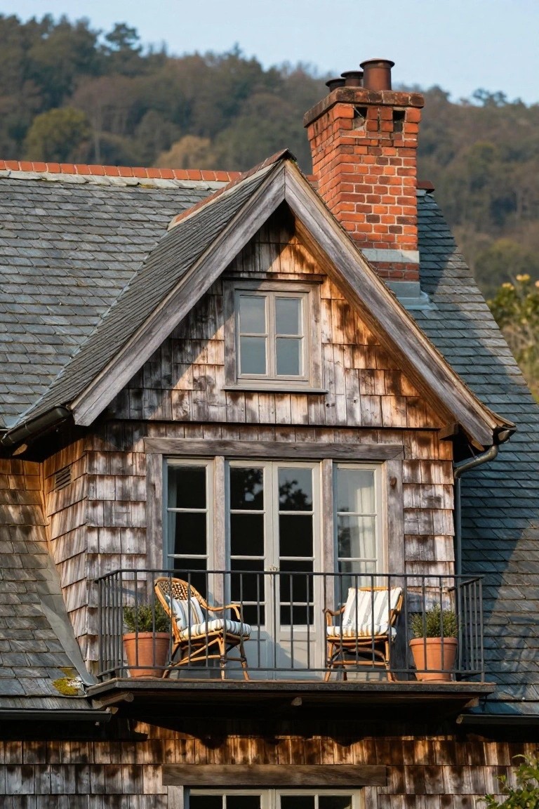 Shingled gable end of a house with French doors opening to a small balcony holding two rattan chairs and potted plants, a small window above the doors, slate roof tiles, brick chimney, and wooded hillside in the background.