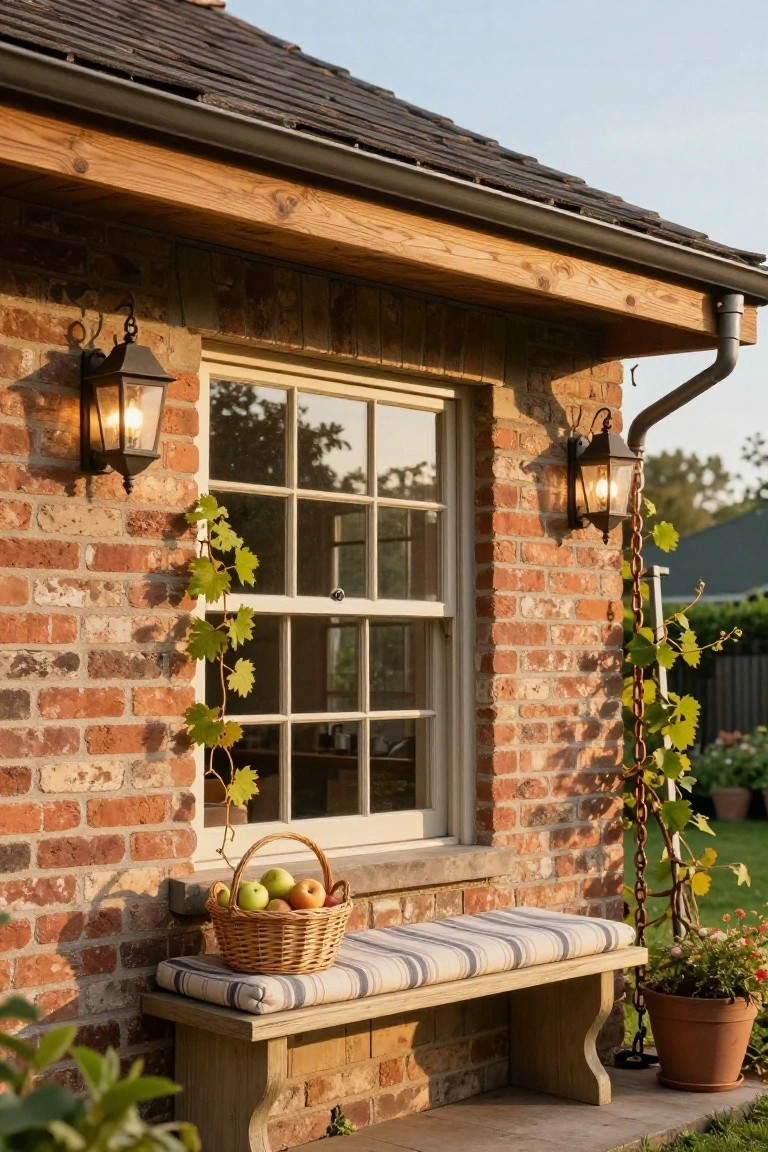 Brick exterior wall with white-framed double-hung window flanked by black hanging lanterns, climbing vines on the bricks, wooden bench with striped cushion and basket of apples below the window, potted plants, and downspout nearby.