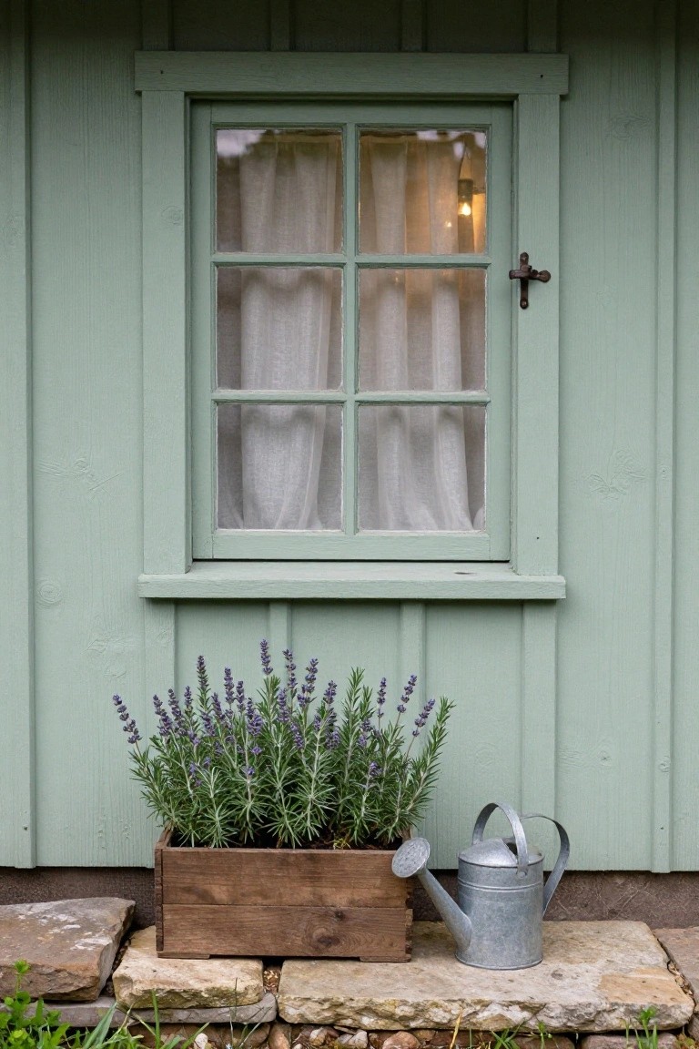 Mint green wooden shed wall with a divided-light window showing sheer white curtains inside, metal latch on frame, wooden box planter of lavender below the sill, metal watering can on stone steps.