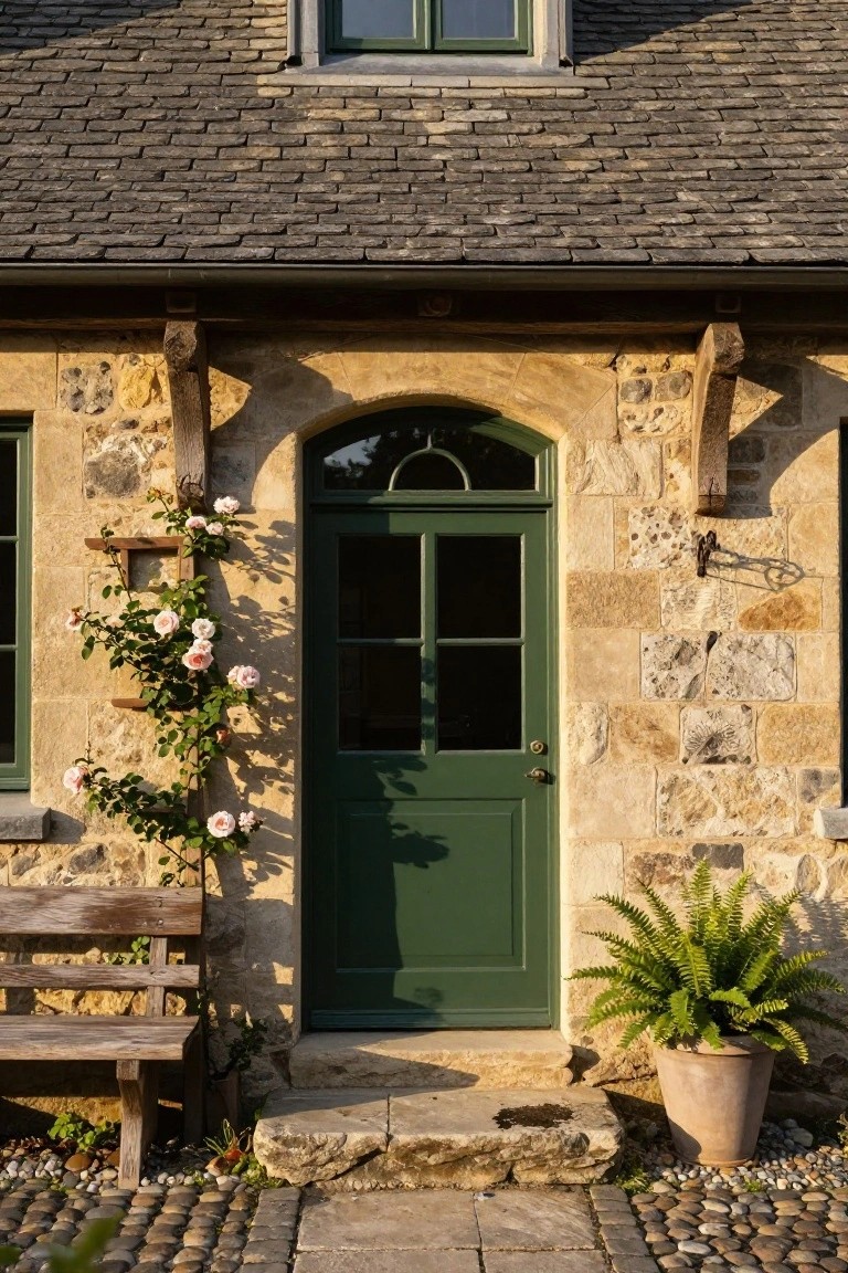 Stone house facade with green-painted arched window and door, pink climbing roses on wooden trellis, wooden bench, potted fern, and pebble stone path leading to entry steps.