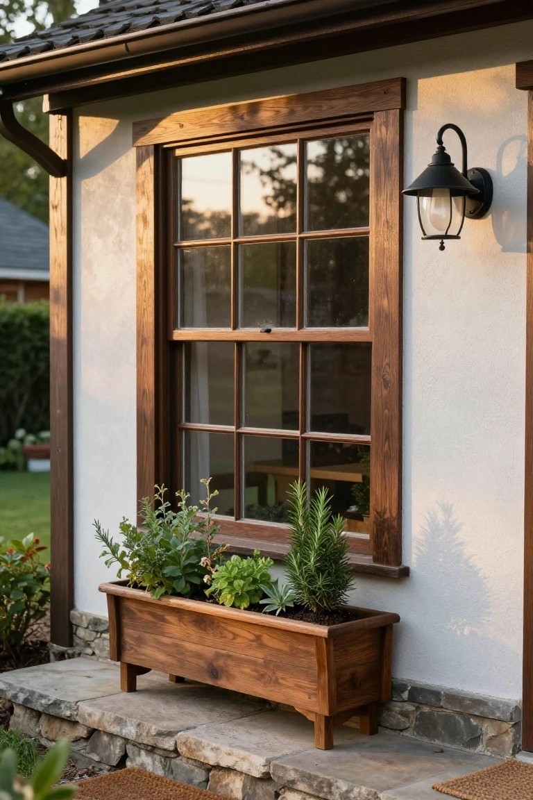 Wooden divided-light window with thick trim on a light stucco house wall, black lantern light beside it, and raised wooden planter box with herbs and small plants below the sill, stone steps and garden in foreground.