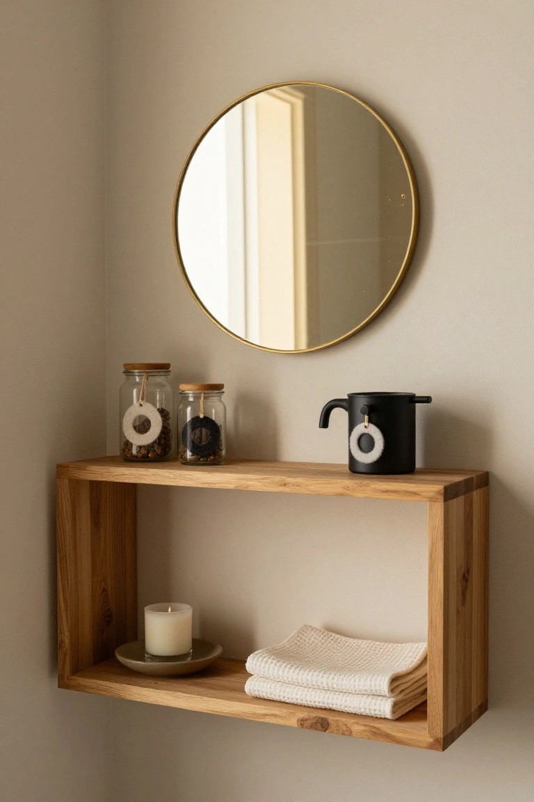Wooden floating shelf in room corner holding two glass jars with wooden lids and dangling white felt circles containing oats and black beans, black ceramic mug with similar felt tag, green plate with white candle, and folded white towels, beside gold round mirror on beige wall.