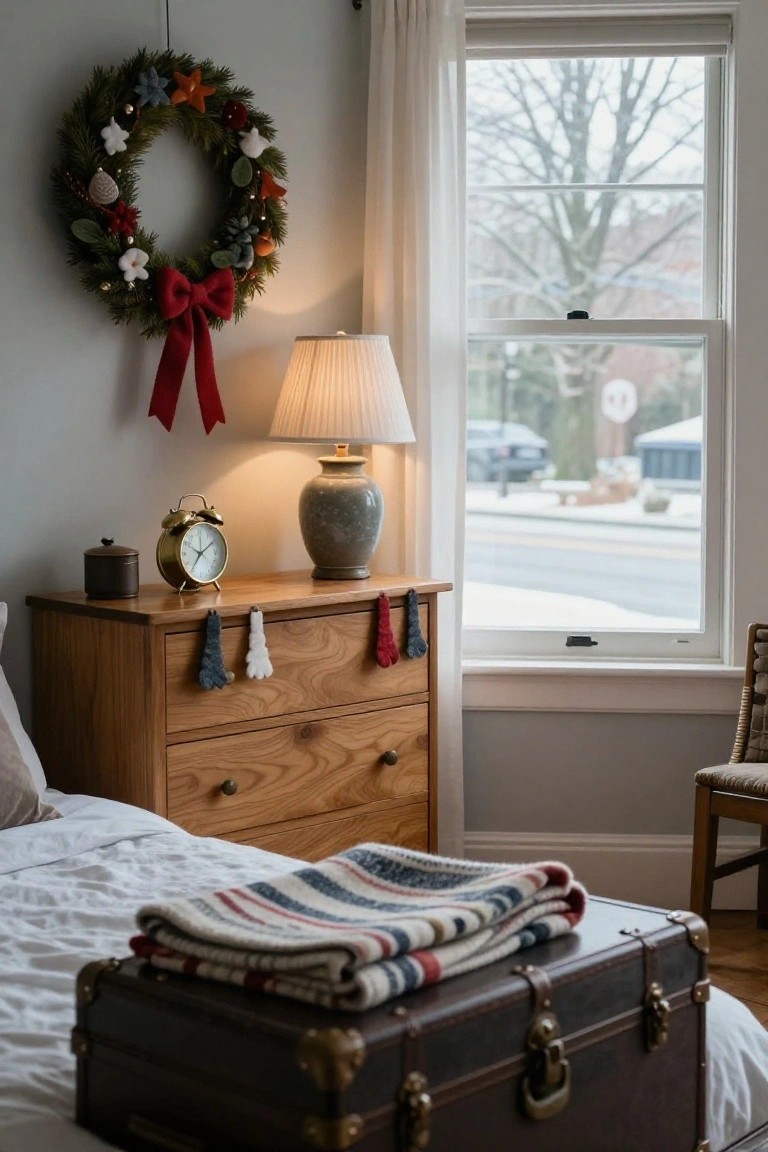 Wooden dresser in a bedroom with handmade felt Christmas ornaments including blue and white tassels hanging from drawer pulls, a large colorful felt wreath on the wall above, brass alarm clock, lamp, and vintage suitcase on nearby bed with window view of snowy street.