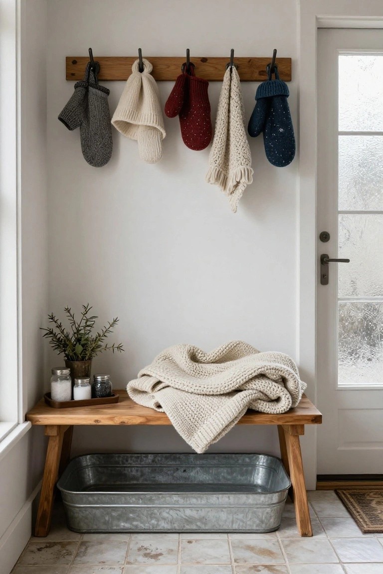 White interior wall with wooden beam holding hooks displaying gray mittens, white hat, red mittens and scarf, white scarf, and navy sequined mittens above a wooden bench draped with cream knit blanket, potted greenery, candle jars on wood tray, and galvanized tub underneath next to glass door on tiled floor.