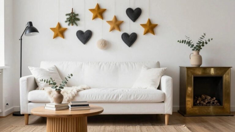 Living room interior with a small decorated Christmas tree, white sofa with yellow and gray cushions, wooden coffee table, eucalyptus in a vase, and a wall display of hanging handmade felt stars, hearts, and pom poms on a brass rod next to a black floor lamp.