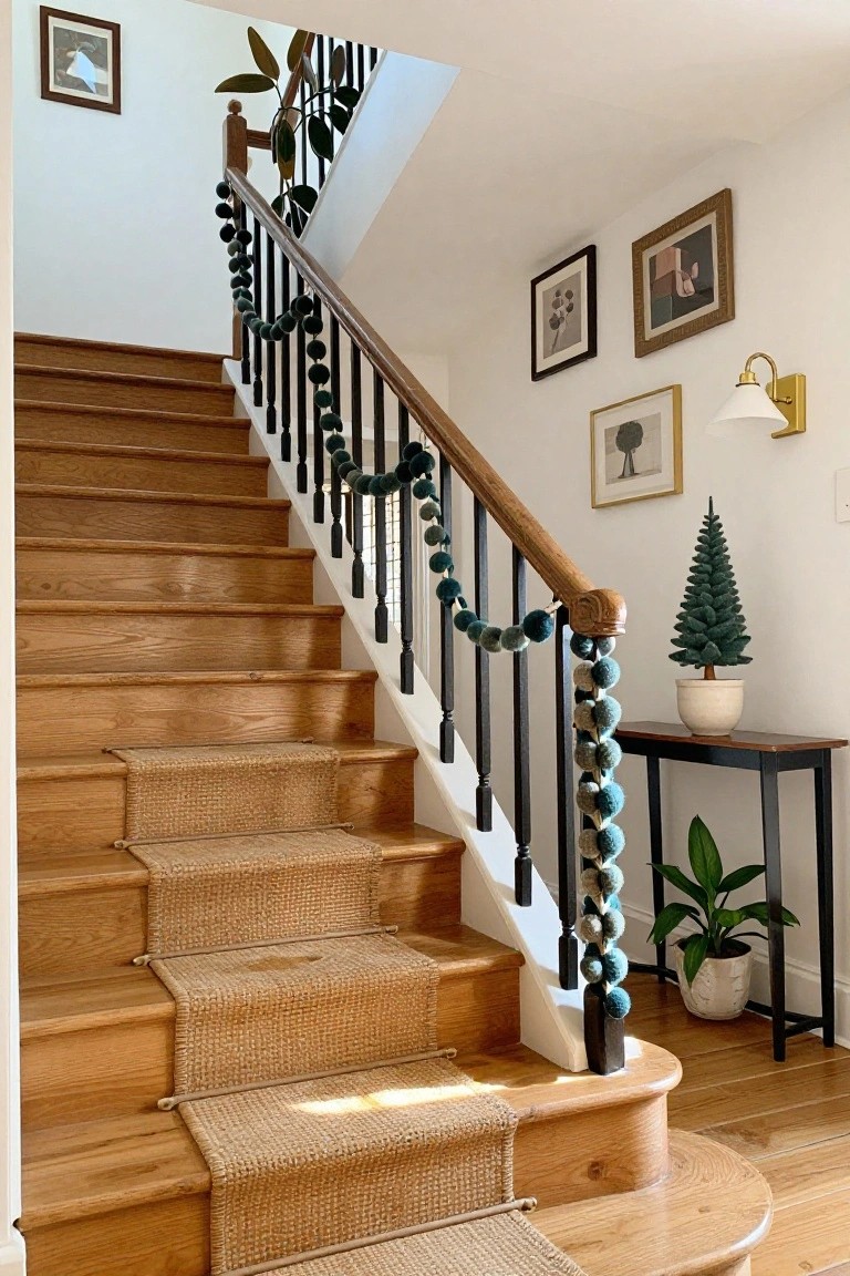 Wooden staircase with beige seagrass runner, oak handrail and newel post, black metal balusters draped with teal and gray felt ball garland, walls with framed art, small flocked Christmas tree on side table with plants.