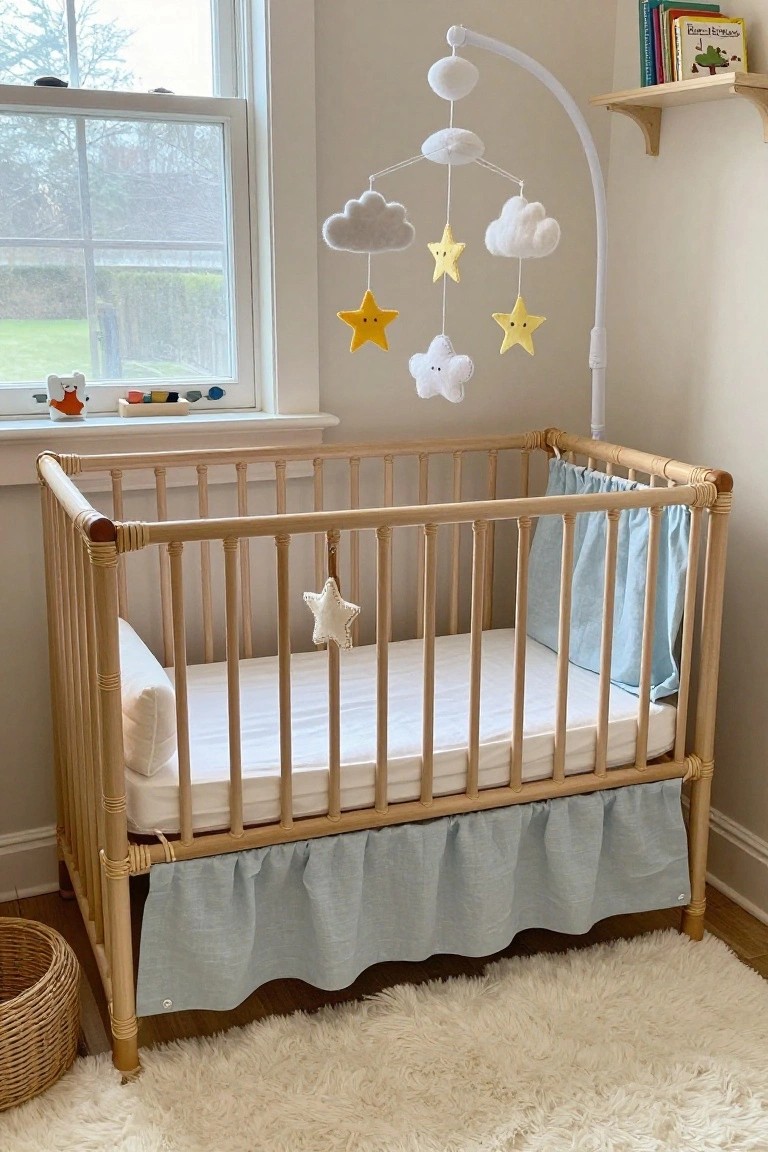 Wooden rattan crib in a light nursery with blue linen skirt and curtains, a hanging mobile of white felt clouds and yellow stars above the mattress, books on a wall shelf, and a window showing trees outside.