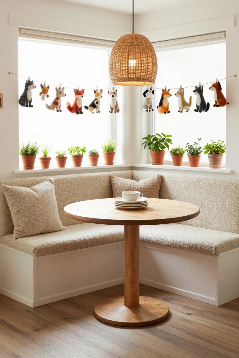 Corner booth with beige cushions around a round wooden table, plants in terracotta pots on the windowsill, garland of colorful plush fox toys hanging on a clothesline above the window, and rattan pendant light overhead in a bright room with hardwood floors.