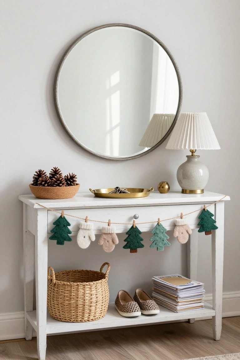 White console table against a light wall in an entryway, decorated with a green and cream felt garland of Christmas trees and mittens hung on clothespins along the front, pinecones in a cork bowl, gold tray with keys, ceramic lamp, round mirror above, wicker basket and shoes below.