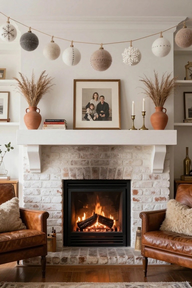 Living room with white brick fireplace, wooden mantel holding stacked books, terracotta vases with pampas grass, brass candlesticks, family photo, and felt ball and snowflake garland strung above on twine, flanked by leather armchairs with throw pillows.