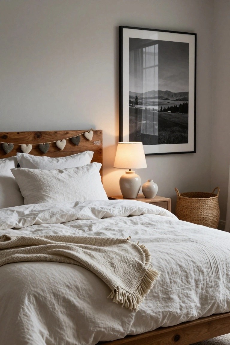 Bedroom interior featuring a wooden headboard with a garland of gray and white felt hearts, white linen bedding and pillows, two ceramic vases and a lamp on a wooden nightstand, a large black and white landscape photograph on the wall, and a woven basket nearby.