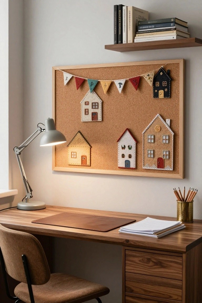 A home office desk with wooden surface, brown leather mouse pad, stacked papers, brass pencil holder with pencils, adjustable gray desk lamp, empty brown chair, wooden bookshelf with books above, and framed corkboard on wall decorated with multicolored felt house ornaments and bunting flags.