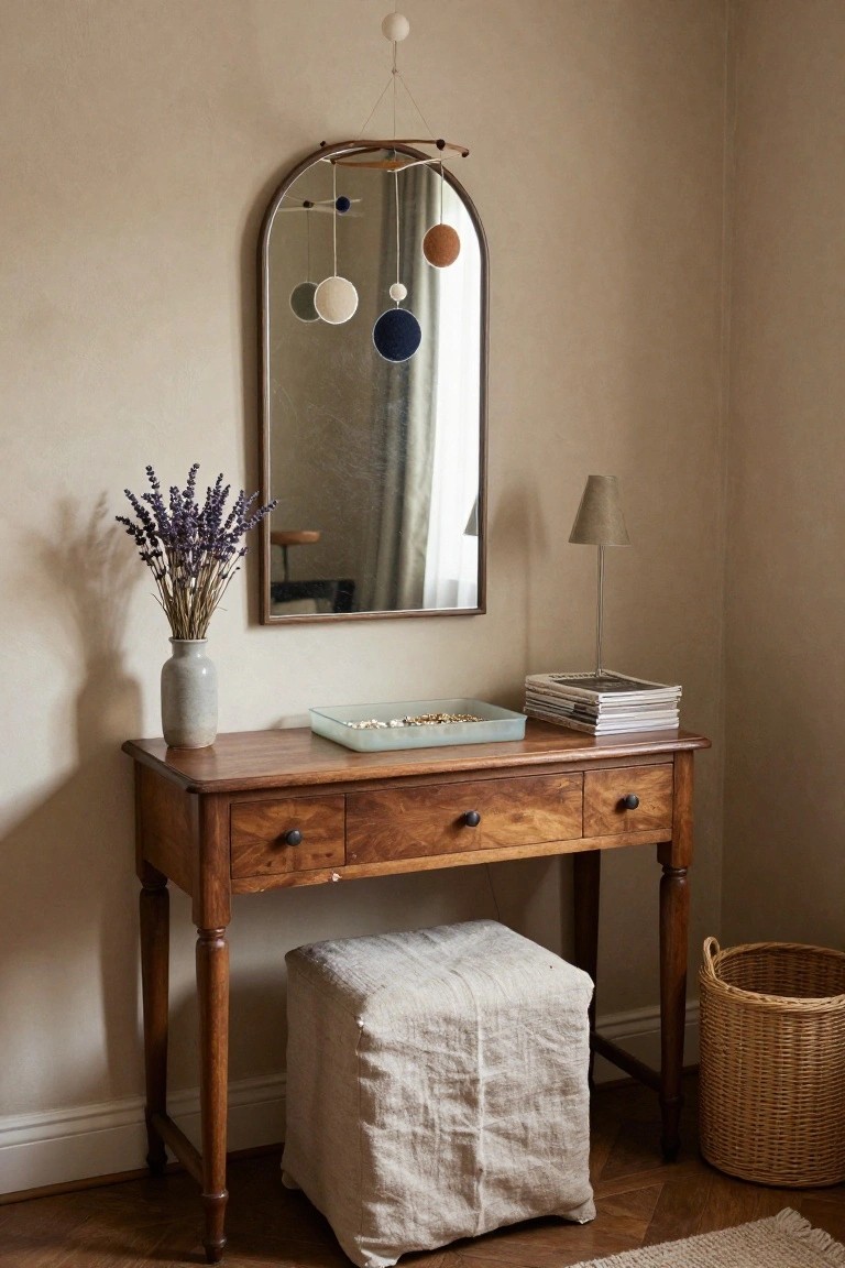 Arched mirror with wooden frame over a wooden vanity table with drawers, a green tray holding jewelry, stacked magazines, dried lavender in a gray vase nearby, felt ball mobile hanging above, linen footstool, wicker basket, and beige walls in a corner room.