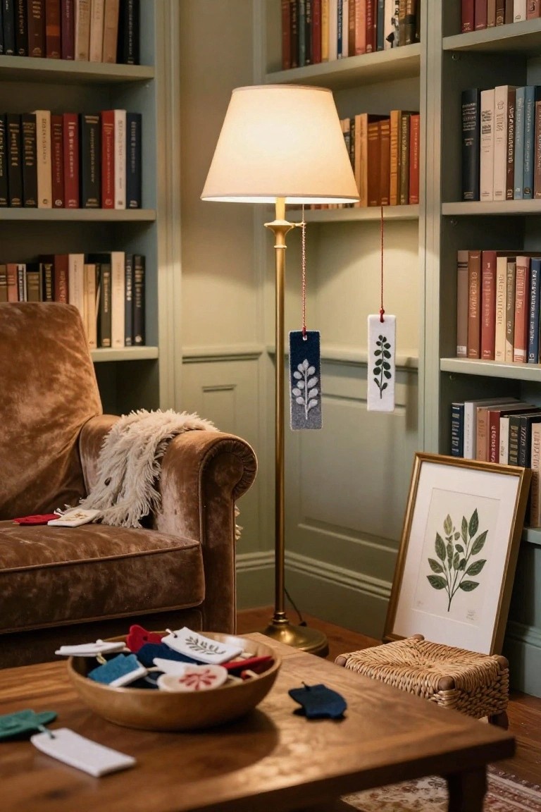 Cozy library corner with green bookshelves filled with books, brown velvet armchair with fur throw, tall floor lamp with hanging blue and white felt leaf ornaments, wooden coffee table holding a wooden bowl of assorted felt ornaments, framed leaf print on wall, and woven stool.