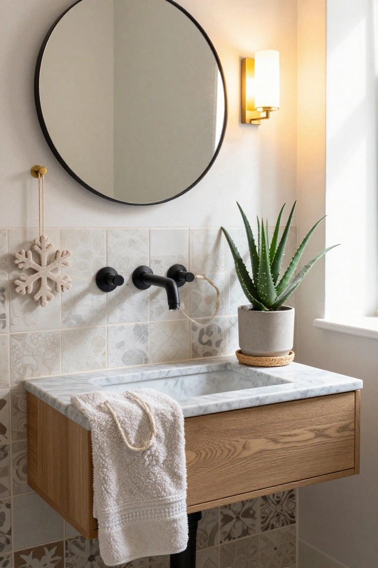 Modern bathroom with round black-framed mirror, black wall faucet over marble sink in oak vanity, neutral patterned tiles, aloe vera plant in gray pot, white folded towel, and cream felt snowflake ornament hanging from gold hook nearby.