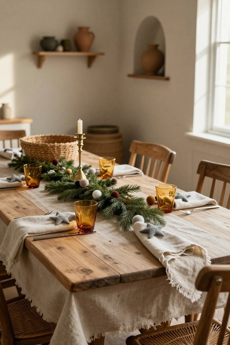 Wooden dining table set for Christmas with beige linen runner and napkins topped by gray felt stars, evergreen garland, amber glasses, gold candlestick, and wicker basket in a light room with shelves and chairs.