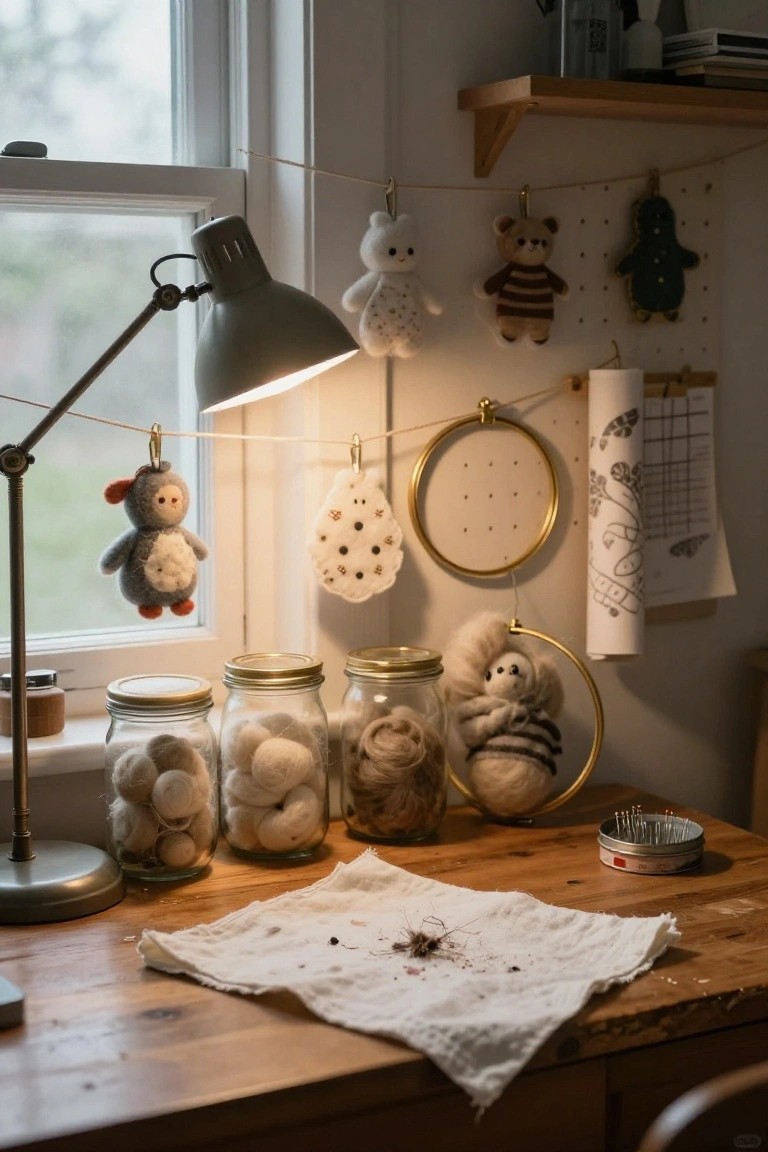 Indoor craft workspace on a wooden desk with glass jars of wool balls, pin cushion, white cloth, desk lamp, hanging felt animal plush toys on a string line with clips, embroidery hoops, and shelves near a window.