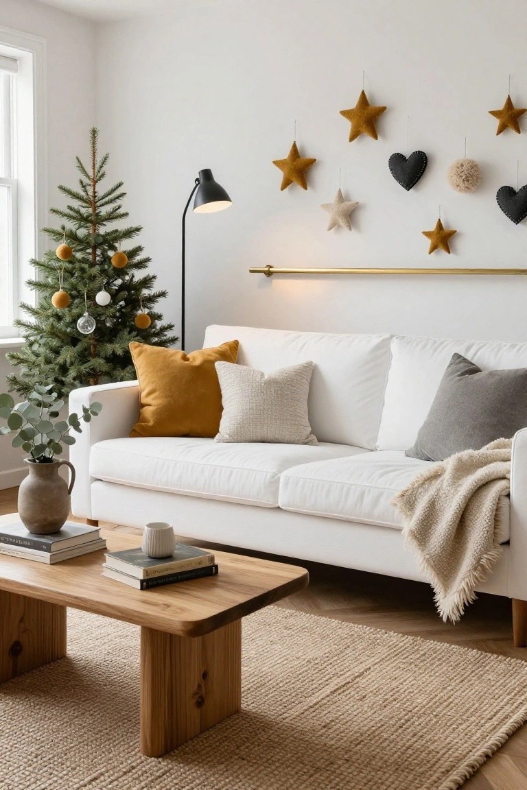 Living room interior with a small decorated Christmas tree, white sofa with yellow and gray cushions, wooden coffee table, eucalyptus in a vase, and a wall display of hanging handmade felt stars, hearts, and pom poms on a brass rod next to a black floor lamp.