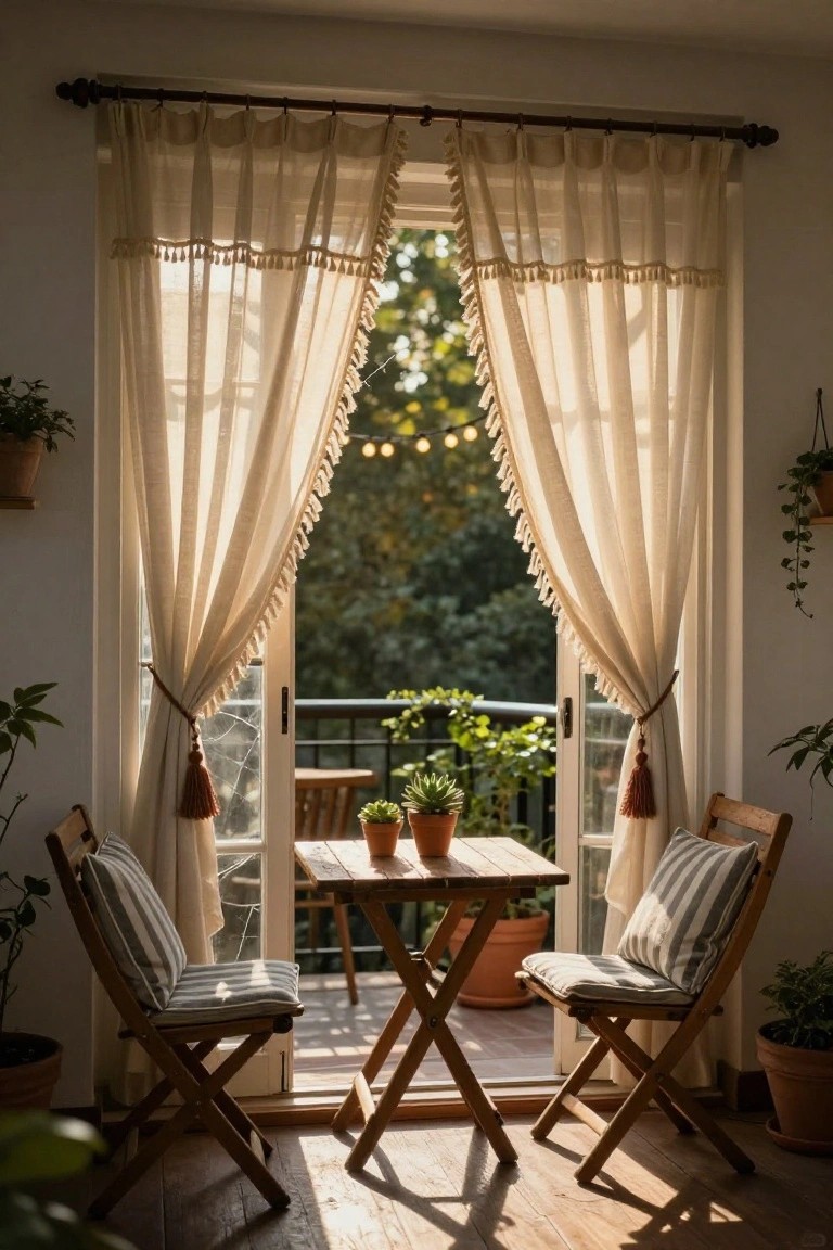 Sunlit interior with beige sheer curtains featuring tassels on wooden rods over French doors to a balcony, wooden chairs with striped cushions around a small table, potted plants inside and on the balcony, and trees visible outside.