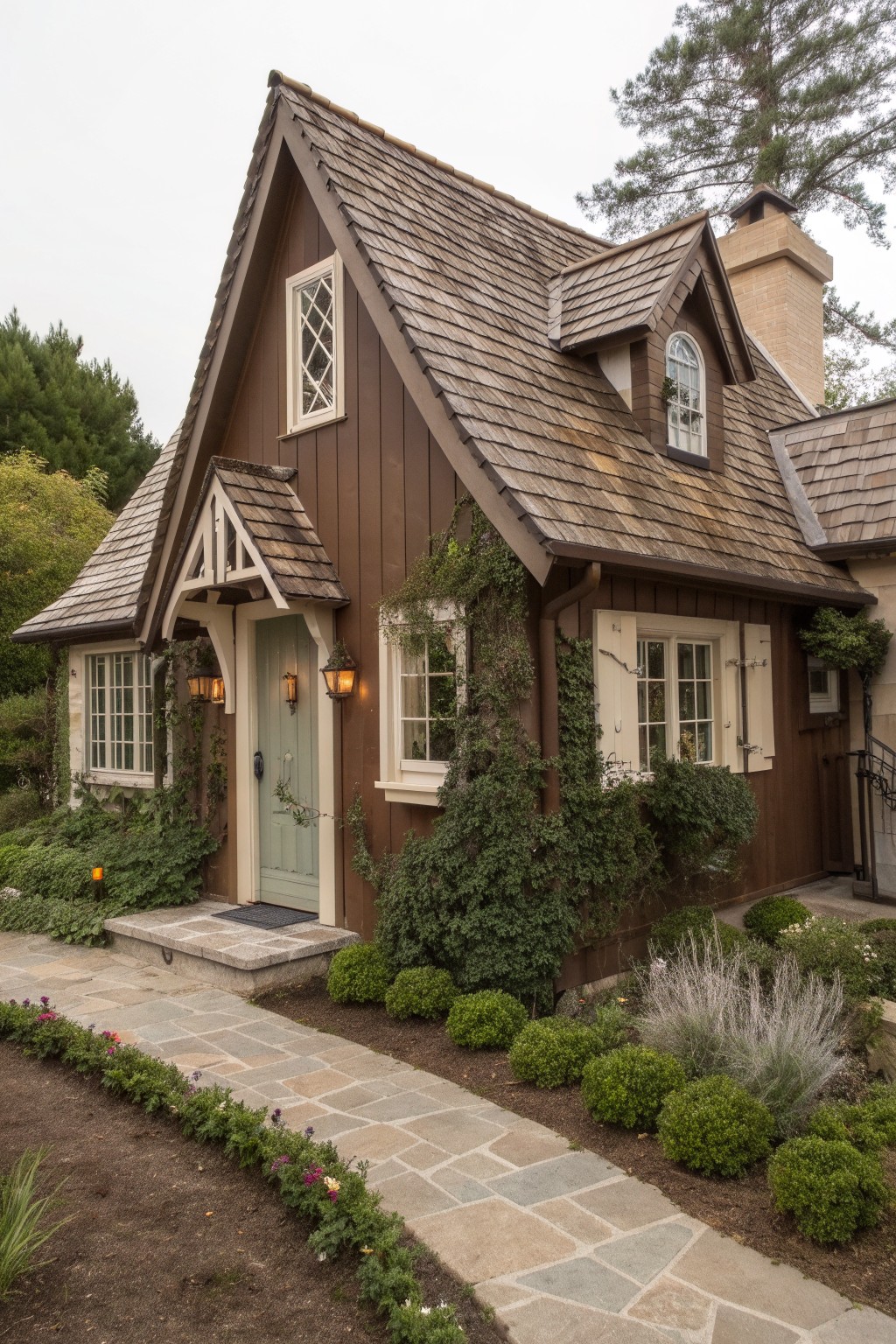 Small brown shingled cottage house with dark wood siding, green front door, ivy on walls, lanterns by entrance, and stone pathway edged with shrubs and flowers.