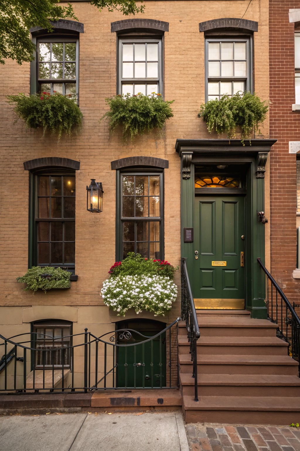 Three-story brown brick townhouse exterior with black window frames, dark green double front door with brass hardware and knocker, flower boxes on windows and sills, lanterns, wrought iron railings on steps, and adjacent buildings visible.