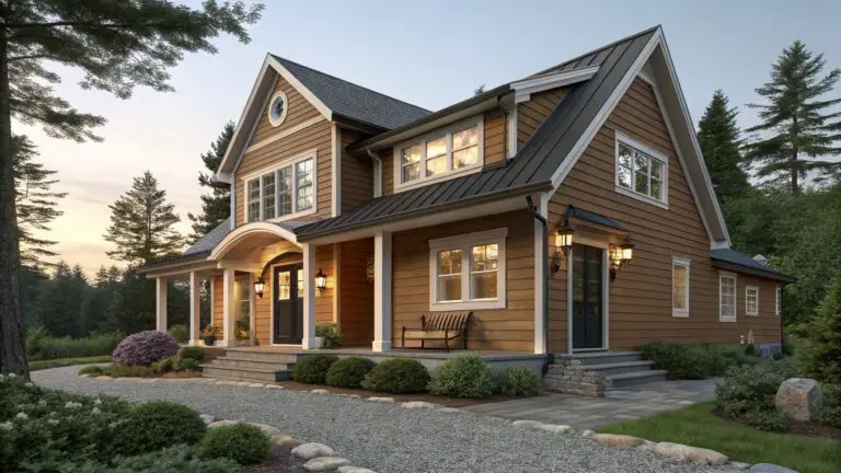 Two-story house exterior with warm brown shingle siding, white trim on multi-pane windows, covered front porch with black double doors, stone steps, gravel pathway edged in stone, and low boxwood shrubs.