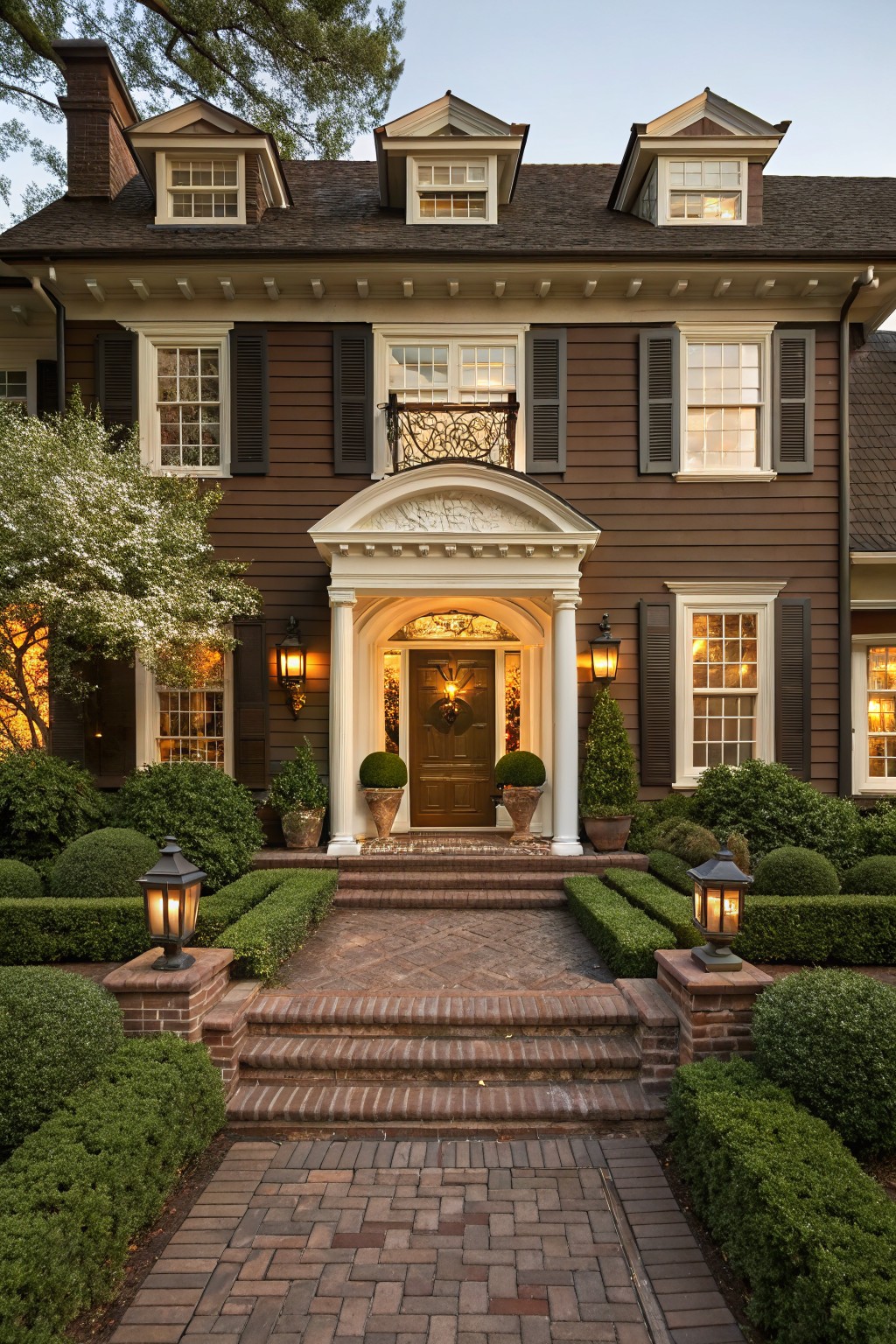 Front exterior of a two-story brown shingle house with white trim, classical pedimented portico entrance, double doors, lanterns, boxwood spheres, brick pathway and steps, and low boxwood hedges.