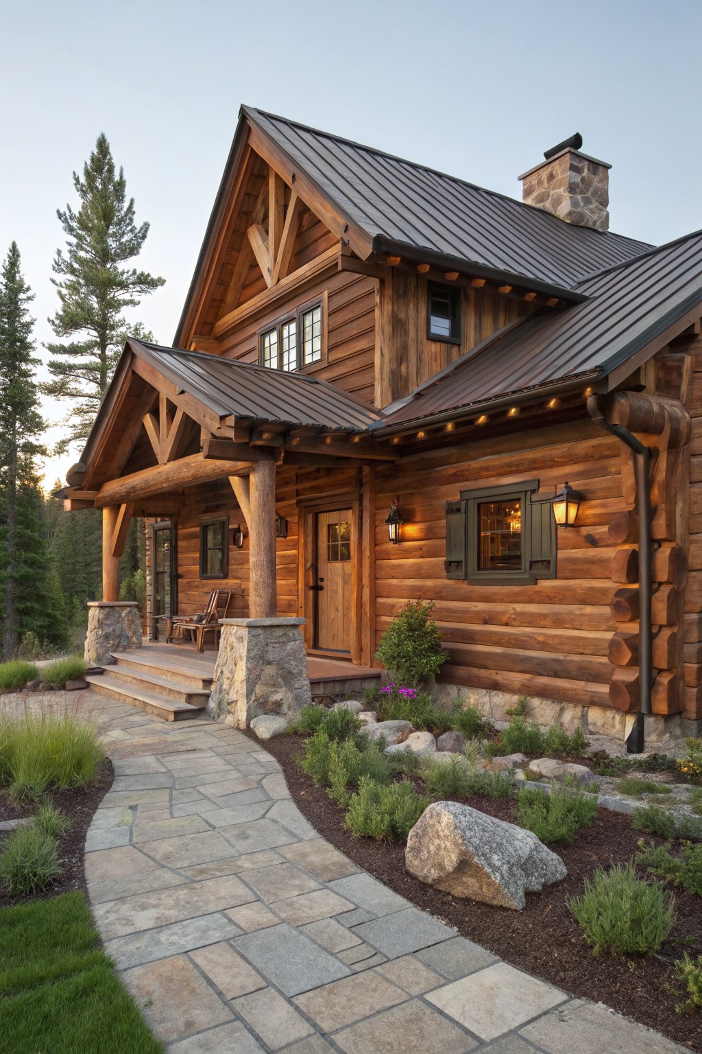 A two-story log cabin house with dark standing-seam metal roof, timber-framed covered porch, stone foundation and chimney, flanked by pine trees, with a stone pathway and landscaping leading to the front door.
