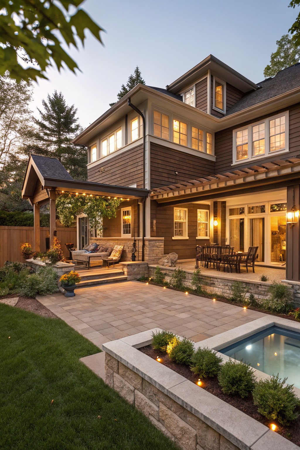 Dusk view of a two-story house exterior with warm brown shingle and board-and-batten siding, white-trimmed windows, covered patio with seating and dining table, paver patio, small lit pool, and surrounding landscaping.