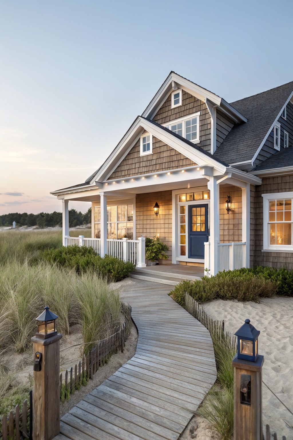 Beach house with brown shingle siding, white trim and porch columns, navy blue front door, lantern lights, and a wooden boardwalk path winding through sand and sea grass dunes to the entrance.