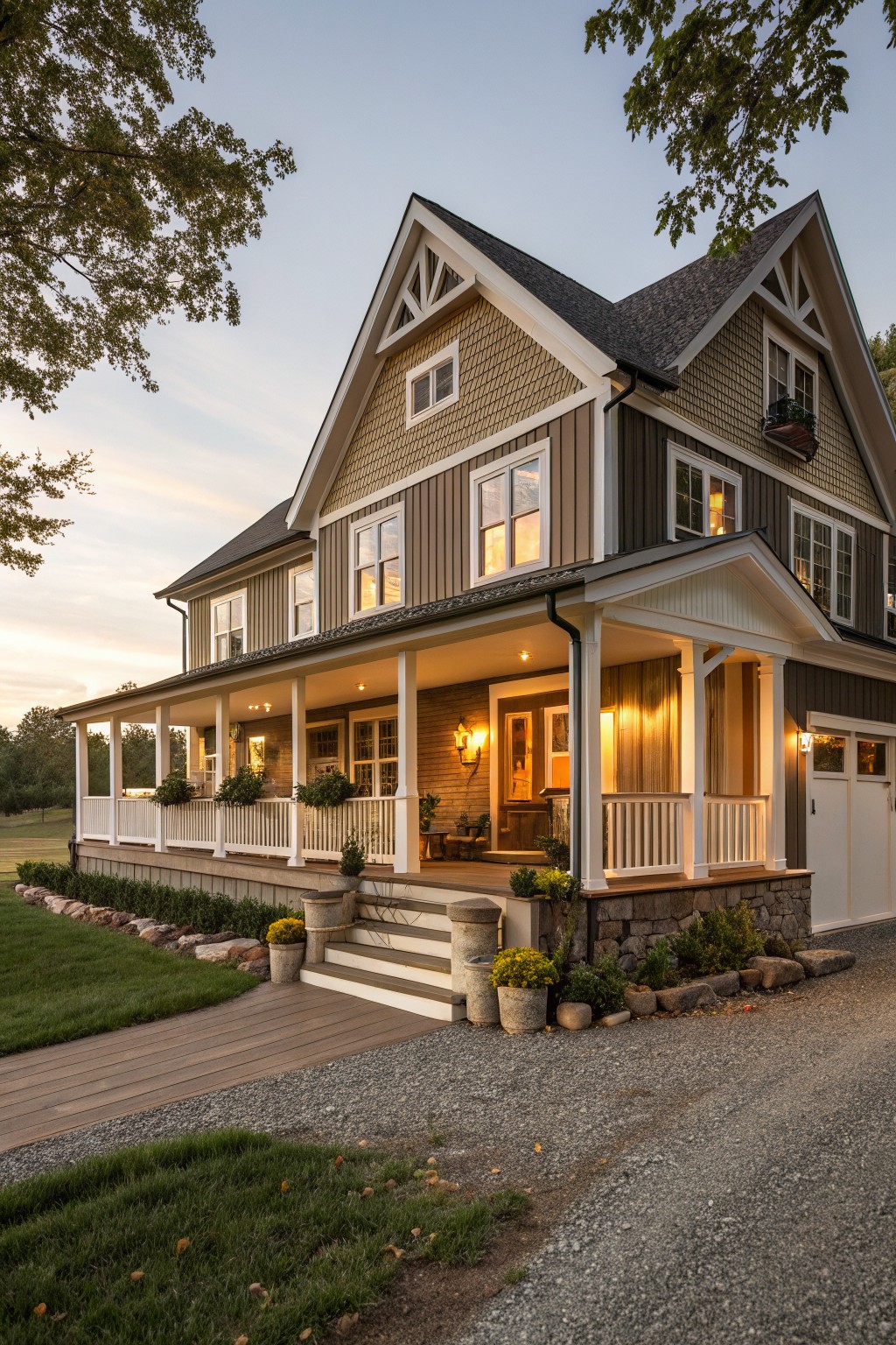 Two-story house exterior at dusk with light beige clapboard siding, darker brown shingle gables and board-and-batten panels, white trim and porch railings, attached garage, stone accents, potted plants, and gravel driveway surrounded by low landscaping.