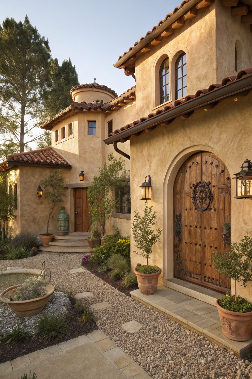 Beige stucco house exterior with terracotta tile roof, arched wooden front door with iron hardware, wall lanterns, potted plants, gravel pathway, and stone steps in a landscaped courtyard.