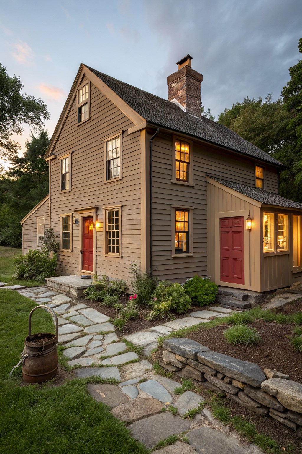 A two-story brown clapboard house with gabled roof, brick chimney, multiple lit windows, two red doors, stone pathway, bucket, and landscaping at dusk.