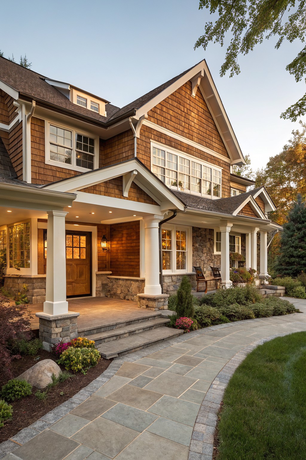 Two-story house exterior with brown shingle siding, white trim around windows and gables, covered front porch supported by white columns, stone foundation, wood entry door, and curved stone pathway bordered by plants and grass.